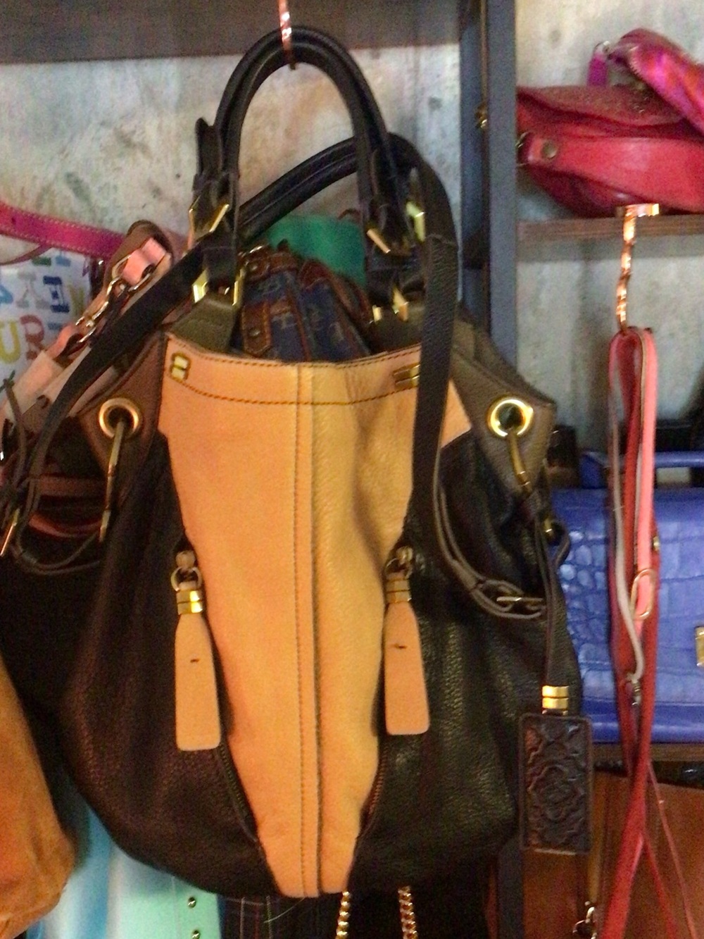 Oryany Two-Tone Black and Tan Leather Tote Bag